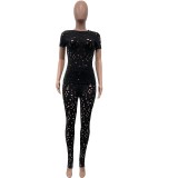 Women Stretch Ripped Round Neck Solid Top and Pant Two-Piece Set