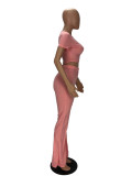 WomenPleat Short Sleeve Crop Top and Bell Bottom Pant Two-Piece Set