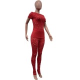 Women Stretch Ripped Round Neck Solid Top and Pant Two-Piece Set