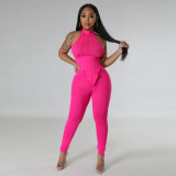 Women Summer Halter Neck Top and Trousers Two-Piece Set