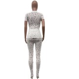Women Stretch Ripped Round Neck Solid Top and Pant Two-Piece Set