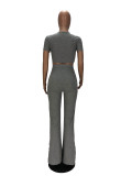 WomenPleat Short Sleeve Crop Top and Bell Bottom Pant Two-Piece Set