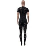 Women Stretch Ripped Round Neck Solid Top and Pant Two-Piece Set