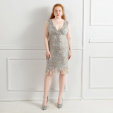 Plus Size Women Sequined Formal Party Midi Evening Dress