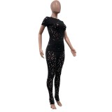 Women Stretch Ripped Round Neck Solid Top and Pant Two-Piece Set
