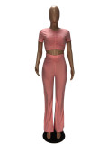 WomenPleat Short Sleeve Crop Top and Bell Bottom Pant Two-Piece Set