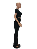 WomenPleat Short Sleeve Crop Top and Bell Bottom Pant Two-Piece Set