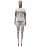 Women Stretch Ripped Round Neck Solid Top and Pant Two-Piece Set