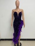 Women Sexy Off Shoulder Backless Sequin Feather Dress