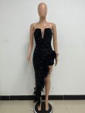 Women Sexy Off Shoulder Backless Sequin Feather Dress