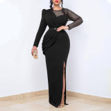 Summer Solid Round Neck Pleated Long Sleeve Plus Size Dress