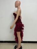 Women Sexy Off Shoulder Backless Sequin Feather Dress