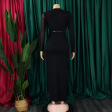 Summer Solid Round Neck Pleated Long Sleeve Plus Size Dress