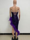 Women Sexy Off Shoulder Backless Sequin Feather Dress