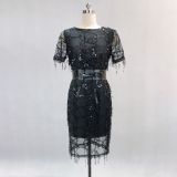 Tassel sequin lining high Elastic Satin with belt Maxi Slim Fit Chic dress party dress