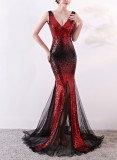 Long deep v sequined mermaid host performance nightclub party dress annual meeting Formal Party car model evening dress