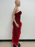 Women Sexy Off Shoulder Backless Sequin Feather Dress