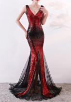 Long deep v sequined mermaid host performance nightclub party dress annual meeting Formal Party car model evening dress