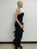 Women Sexy Off Shoulder Backless Sequin Feather Dress