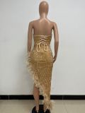 Women Sexy Off Shoulder Backless Sequin Feather Dress