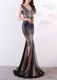 Long deep v sequined mermaid host performance nightclub party dress annual meeting Formal Party car model evening dress