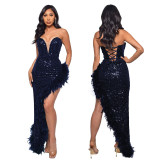 Women Sexy Off Shoulder Backless Sequin Feather Dress