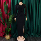 Summer Solid Round Neck Pleated Long Sleeve Plus Size Dress
