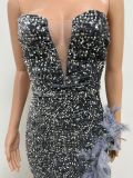 Women Sexy Off Shoulder Backless Sequin Feather Dress