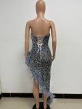 Women Sexy Off Shoulder Backless Sequin Feather Dress