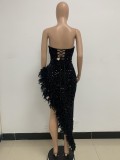 Women Sexy Off Shoulder Backless Sequin Feather Dress