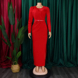 Summer Solid Round Neck Pleated Long Sleeve Plus Size Dress