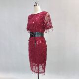 Tassel sequin lining high Elastic Satin with belt Maxi Slim Fit Chic dress party dress