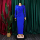 Summer Solid Round Neck Pleated Long Sleeve Plus Size Dress