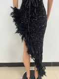 Women Sexy Off Shoulder Backless Sequin Feather Dress