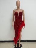 Women Sexy Off Shoulder Backless Sequin Feather Dress