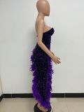 Women Sexy Off Shoulder Backless Sequin Feather Dress