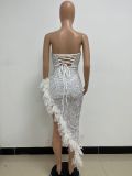 Women Sexy Off Shoulder Backless Sequin Feather Dress