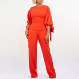 Women's Casual Set Loose Plus Size Lace-Up Top High Waist Wide Leg Pants Two-Piece Set