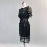 Tassel sequin lining high Elastic Satin with belt Maxi Slim Fit Chic dress party dress