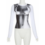 Women's Spring Tops Fashion 3d Printed Long Sleeve Slim Fit Slim Fit T-Shirt