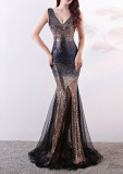 Long deep v sequined mermaid host performance nightclub party dress annual meeting Formal Party car model evening dress