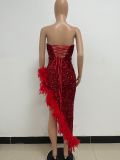 Women Sexy Off Shoulder Backless Sequin Feather Dress