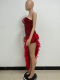 Women Sexy Off Shoulder Backless Sequin Feather Dress