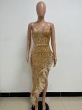 Women Sexy Off Shoulder Backless Sequin Feather Dress