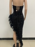Women Sexy Off Shoulder Backless Sequin Feather Dress