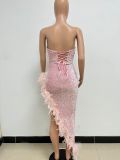 Women Sexy Off Shoulder Backless Sequin Feather Dress