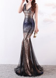 Long deep v sequined mermaid host performance nightclub party dress annual meeting Formal Party car model evening dress