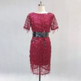 Tassel sequin lining high Elastic Satin with belt Maxi Slim Fit Chic dress party dress