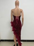Women Sexy Off Shoulder Backless Sequin Feather Dress