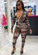 Women's Mesh Print Sexy Zipper Long Sleeve Tight Fitting Jumpsuit